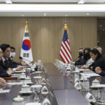 
              U.S. Vice President Kamala Harris, second right, and South Korea's President Yoon Suk Yeol, second left, hold a bilateral meeting in Seoul, South Korea, Thursday, Sept. 29, 2022.(Leah Millis/Pool Photo via AP)
            