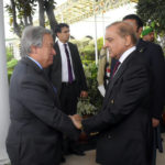 
              In this handout photo released by Pakistan Prime Minister Office, U.N. Secretary-General Antonio Guterres, left, shake hand with Pakistan Prime Minister Shahbaz Sharif in Islamabad, Pakistan, Friday, Sept. 9, 2022. Guterres appealed to the world to help Pakistan after arriving in the country Friday to see climate-induced devastation from months of deadly record floods that have left half a million people living in tents under the open sky. (Pakistan Prime Minister Office via AP)
            