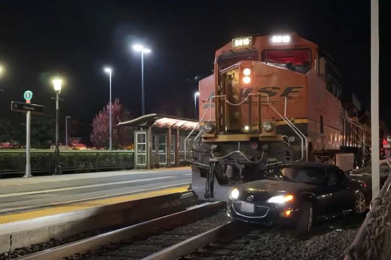 Car on tracks in Edmonds - A car on the train tracks in Edmonds on Saturday night. (Photo from KIRO...