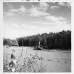 The remains of the forward section of the Boeing 707 that crashed near Oso, Washington on October 19, 1959 as seen from the opposite side of the Stillaguamish River within a few days of the crash.  Four men died in the cockpit of the jet. (Courtesy Ron Palmer) 