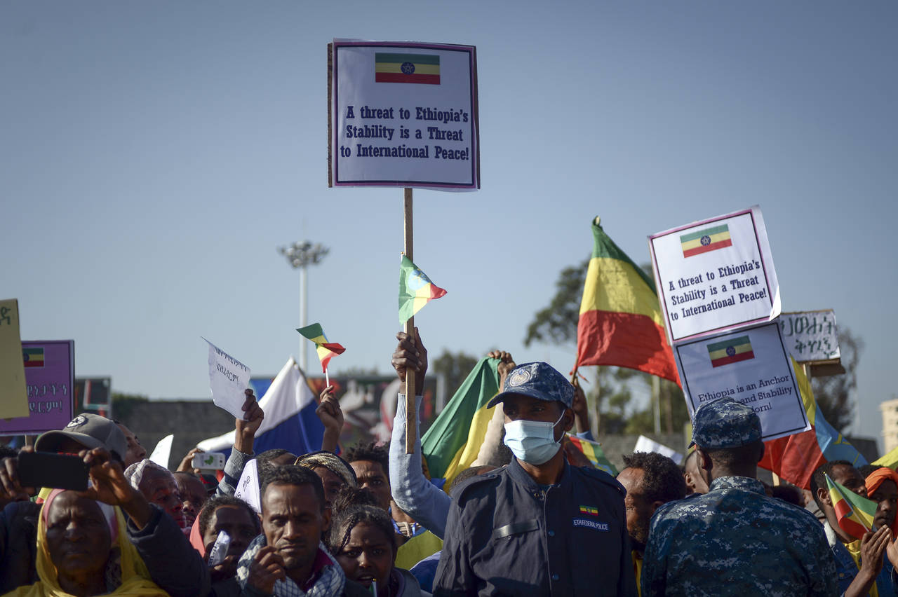 FILE - Ethiopians protest against what they say is interference by outsiders in the country's inter...