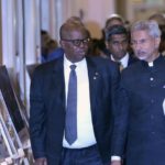 
              Foreign Minister of Gabon Michael Moussa-Adamo walks with Indian Foreign Minister S Jaishankar in the sidelines of a U.N. Counter-Terrorism Committee special meet in Mumbai, India, Friday, Oct. 28, 2022. The special meeting is being held in Mumbai, India’s financial and entertainment capital, that witnessed a massive terror attack in 2008 that left 140 Indian nationals and 26 citizens of 23 other countries dead by terrorists who had entered India from Pakistan. (AP Photo/Rajanish Kakade)
            