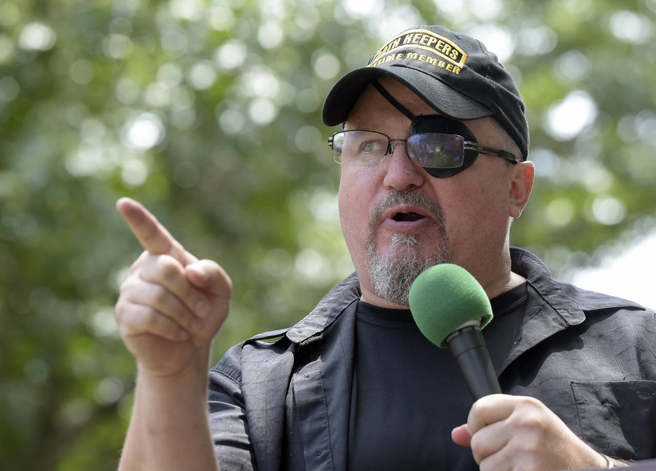 FILE - Stewart Rhodes, founder of the citizen militia group known as the Oath Keepers speaks during...