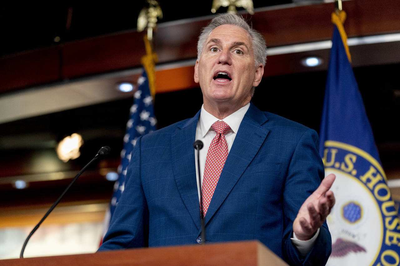 FILE - House Minority Leader Kevin McCarthy of Calif. speaks at a news conference on Capitol Hill i...