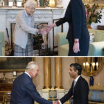 
              In this two-picture combo, top photo; Britain's Queen Elizabeth II, left, welcomes Liz Truss during an audience at Balmoral, Scotland, where she invited the newly elected leader of the Conservative party to become Prime Minister and form a new government, Tuesday, Sept. 6, 2022, and Britain's King Charles III welcomes Rishi Sunak, newly elected leader of the Conservative Party, to become Prime Minister and form a new government, Tuesday, Oct. 25, 2022. (Jane Barlow,Aaron Chown/Pool photos via AP, File)
            