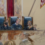 
              In this drawing by court artist Dana Verkouteren, the Supreme Court, joined by new Justice Ketanji Brown Jackson, right, the court's first Black female justice, hears arguments on the opening day of its new term, in Washington, Monday, Oct. 3, 2022. From left are: Associate Justice Samuel Alito, Associate Justice Elena Kagan, Associate Justice Brett Kavanaugh, and Associate Justice Ketanji Brown Jackson. (Dana Verkouteren via AP)
            