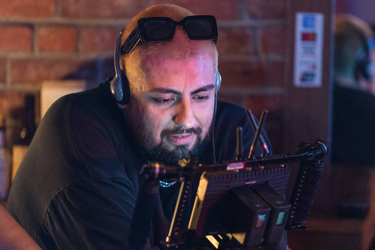 Jorge Xolalpa, a 33-year-old movie director from Mexico checks a shot on a monitor during the filmi...