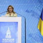 
              First Lady of Ukraine Olena Zelenska delivers a speech at the Warsaw Security Forum in Warsaw, Poland, Tuesday, Oct. 4, 2022. (AP Photo/Michal Dyjuk)
            