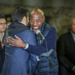 
              Composer Lin-Manuel Miranda, left, and Georgia incumbent Democratic Sen. Raphael Warnock embrace at a Latino voter rally on Atlanta on Wednesday, Oct 19, 2021. Miranda is one of a number of celebrities trying to sway voters, although it’s unclear how much influence they have. (Arvin Temkar/Atlanta Journal-Constitution via AP)
            