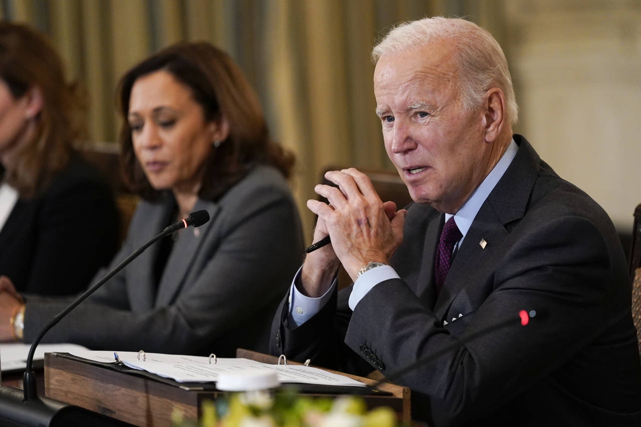 President Joe Biden speaks during a meeting of the reproductive rights task force in the State Dini...
