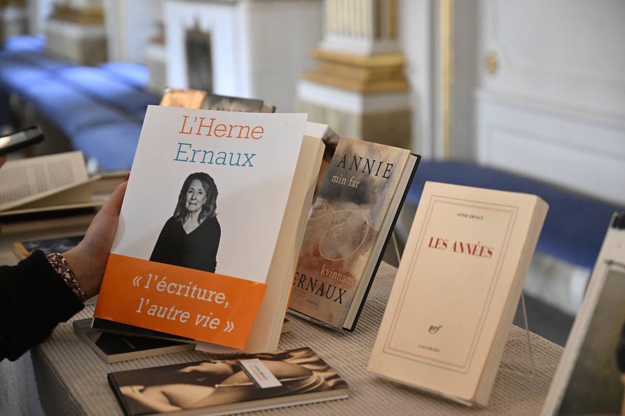 Books by French author Annie Ernaux is displayed following the announcement of the 2022 Nobel Prize...