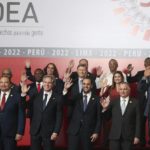 
              U.S. Secretary of State Antony J. Blinken, second from the left, waves as he stands with the leaders and representatives of the countries of the Organisation of American States during a group photo during the 52nd OAS General Assembly in Lima, Peru, Thursday, Oct. 6, 2022. (AP Photo/Guadalupe Pardo)
            