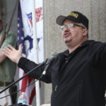 
              FILE - Stewart Rhodes, the founder of Oath Keepers, speaks during a gun rights rally at the Connecticut State Capitol in Hartford, Conn., April 20, 2013. Federal prosecutors are preparing to lay out their case against the founder of the Oath Keepers’ extremist group and four associates. They are charged in the most serious case to reach trial yet in the Jan. 6, 2021, U.S. Capitol attack. Opening statements are expected Monday in Washington’s federal court in the trial of Stewart Rhodes and others charged with seditious conspiracy. (Jared Ramsdell/Journal Inquirer via AP)
            