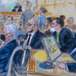 
              This artist sketch depicts the trial of Oath Keepers leader Stewart Rhodes and four others charged with seditious conspiracy in the Jan. 6, 2021, Capitol attack, in Washington, Thursday, Oct. 6, 2022. Shown above are, witness John Zimmerman, who was part of the Oath Keepers' North Carolina Chapter, seated in the witness stand, defendant Thomas Caldwell, of Berryville, Va., seated front row left, Oath Keepers leader Stewart Rhodes, seated second left with an eye patch, defendant Jessica Watkins, of Woodstock, Ohio, seated third from right, Kelly Meggs, of Dunnellon, Fla., seated second from right, and defendant Kenneth Harrelson, of Titusville, Fla., seated at right. Assistant U.S. Attorney Kathryn Rakoczy is shown in blue standing at right before U.S. District Judge Amit Mehta. (Dana Verkouteren via AP)
            
