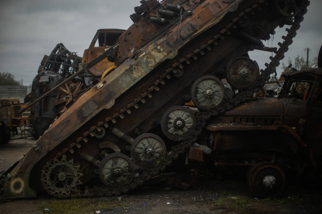Destroyed Russian equipment is seen placed in an area at the recaptured town of Lyman, Ukraine, Tue...