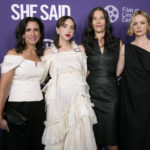 
              Jodi Kantor, from left, Zoe Kazan, Megan Twohey and Carey Mulligan attend the premiere of "She Said" at Alice Tully Hall during the 60th New York Film Festival on Thursday, Oct. 13, 2022, in New York. (Photo by Charles Sykes/Invision/AP)
            