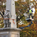 
              A worker stands on a crane during dismantling of a Red Army monument in Glubczyce, Poland, Thursday, Oct. 27, 2022. Poland on Thursday dismantled four communist-era monuments to Red Army soldiers in a renewed drive to remove symbols of Moscow’s post-World War II domination and to stress its condemnation of Moscow’s current war on neighbouring Ukraine. Workers used drills and heavy equipment to destroy the 1945 monuments at four different locations across Poland. Most of them were in the form of concrete obelisks dedicated to Red Army soldiers who fell while fighting to defeat Nazi German troops. (Mikołaj Bujak/IPN via AP)
            