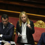 
              Italian Premier Giorgia Meloni delivers her address at the Senate ahead of a confidence vote for the new Government, in Rome, Wednesday, Oct. 26, 2022. (AP Photo/Andrew Medichini)
            