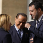 
              Forza Italia president Silvio Berlusconi, center, talks with Brothers of Italy's leader Giorgia Meloni and The League leader Matteo Salvini, as they leave the Quirinale Presidential Palace after a meeting with Italian President Sergio Mattarella as part of a round of consultations with party leaders to try and form a new government, in Rome, Friday, Oct. 21, 2022. (AP Photo/Alessandra Tarantino)
            