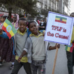 
              Ethiopians protest at a rally organized by the city administration against what they say is interference by outsiders in the country's internal affairs and against the Tigray People's Liberation Front (TPLF), the party of Tigray's fugitive leaders, in the capital Addis Ababa, Ethiopia Saturday, Oct. 22, 2022. The demonstrations were staged ahead of the expected start of peace talks in South Africa next week between the warring parties, with the U.S. saying Friday it supports the African Union's efforts to mediate talks to stop fighting in Tigray. (AP Photo)
            