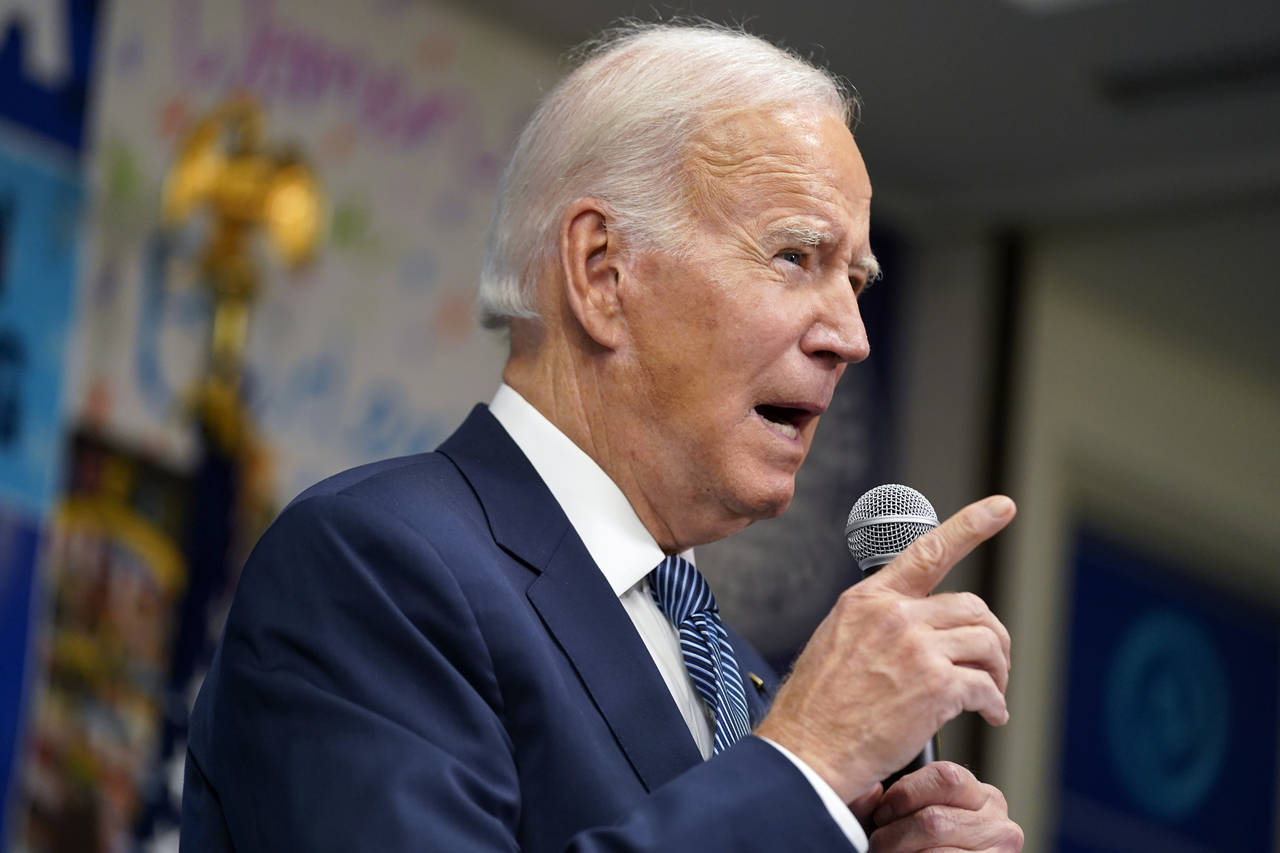 President Joe Biden speaks during a visit to the Democratic National Committee Headquarters, Monday...