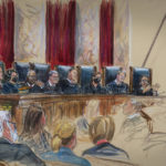 
              In this drawing by court artist Dana Verkouteren, the Supreme Court, joined by new Justice Ketanji Brown Jackson, the court's first Black female justice, hears arguments on the opening day of its new term, in Washington, Monday, Oct. 3, 2022. From left are: Associate Justice Amy Coney Barrett, Associate Justice Neil Gorsuch, Associate Justice Sonia Sotomayor, Associate Justice Clarence Thomas, Chief Justice John Roberts, Associate Justice Samuel Alito, Associate Justice Elena Kagan, Associate Justice Brett Kavanaugh, and Associate Justice Ketanji Brown Jackson. (Dana Verkouteren via AP)
            