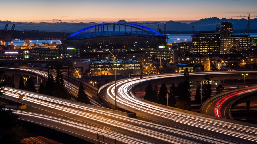 The city of Seattle can be seen at night....