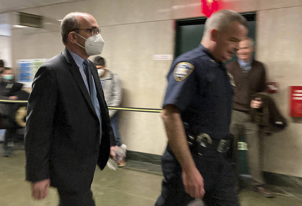 Donald Bender, left, a former accountant for Donald Trump, arrives at Manhattan criminal court, Mon...