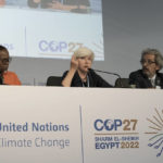 
              From right, WWF Global Climate and Energy Leader Manuel Pulgar-Vidal, Laurence Tubiana is CEO of the European Climate Foundation (ECF), and Wanjira Mathai Vice President and Regional Director for Africa, World Resources Institute, speak about ongoing negotiations at COP27 at the COP27 U.N. Climate Summit, Thursday, Nov. 17, 2022, in Sharm el-Sheikh, Egypt. (AP Photo/Nariman El-Mofty)
            