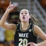 
              FILE - Wake Forest forward Olivia Summiel (20) gestures during an NCAA college basketball game against Mercer on Tuesday, Nov. 9, 2021, in Macon, Ga. The NCAA is allowing teams to play and practice on election day after making it a mandatory off day the past two years for athletes to participate in civic engagement. “We had these discussions to give athletes the most flexibility as possible,” said Wake Forest basketball player Olivia Summiel., who is on the Student-Athlete Advisory Committee. (AP Photo/Gary McCullough, File)
            