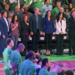 
              Celtics owner Steve Pagliuca, his wife Judy, Mayor of Boston Michelle Wu, Governor-elect Maura Healey, Britain's Prince William, center, Kate, Princess of Wales, Emilia Fazzalari, wife of Celtics owner Wyc Grousebeck and Wyc Grousebeck stand as they listen to the national anthem during an NBA basketball game between the Boston Celtics and the Miami Heat in Boston, Wednesday, Nov. 30, 2022. (Brian Snyder/Pool Photo via AP)
            