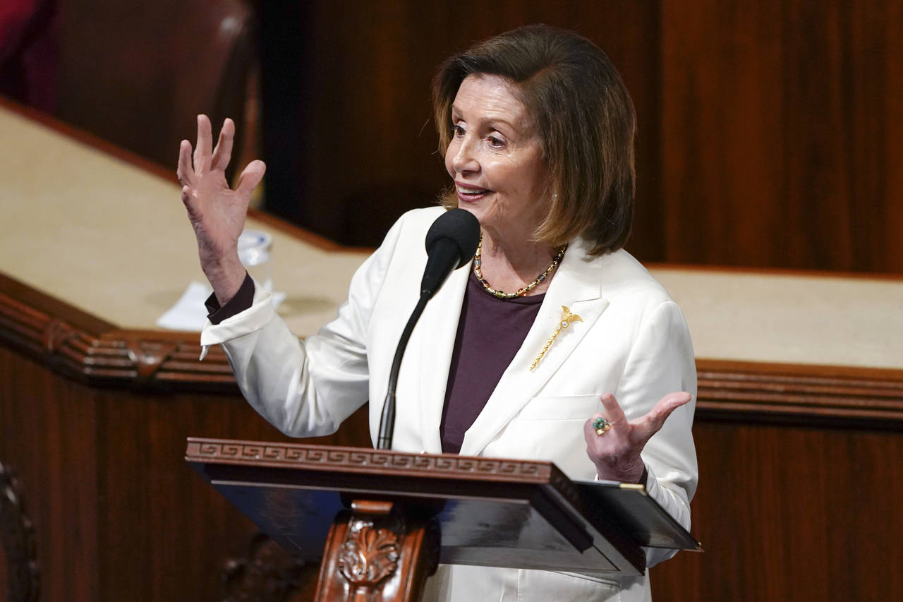 House Speaker Nancy Pelosi of Calif., speaks on the House floor at the Capitol in Washington Thursd...