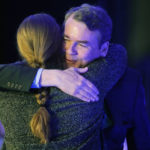 
              Incumbent Sen. Michael Bennet, D-Colo., right, hugs Morgan Carroll, the state Democratic Party chairperson, before Bennet speaks during an election watch party Tuesday, Nov. 8, 2022, in downtown Denver. (AP Photo/David Zalubowski)
            