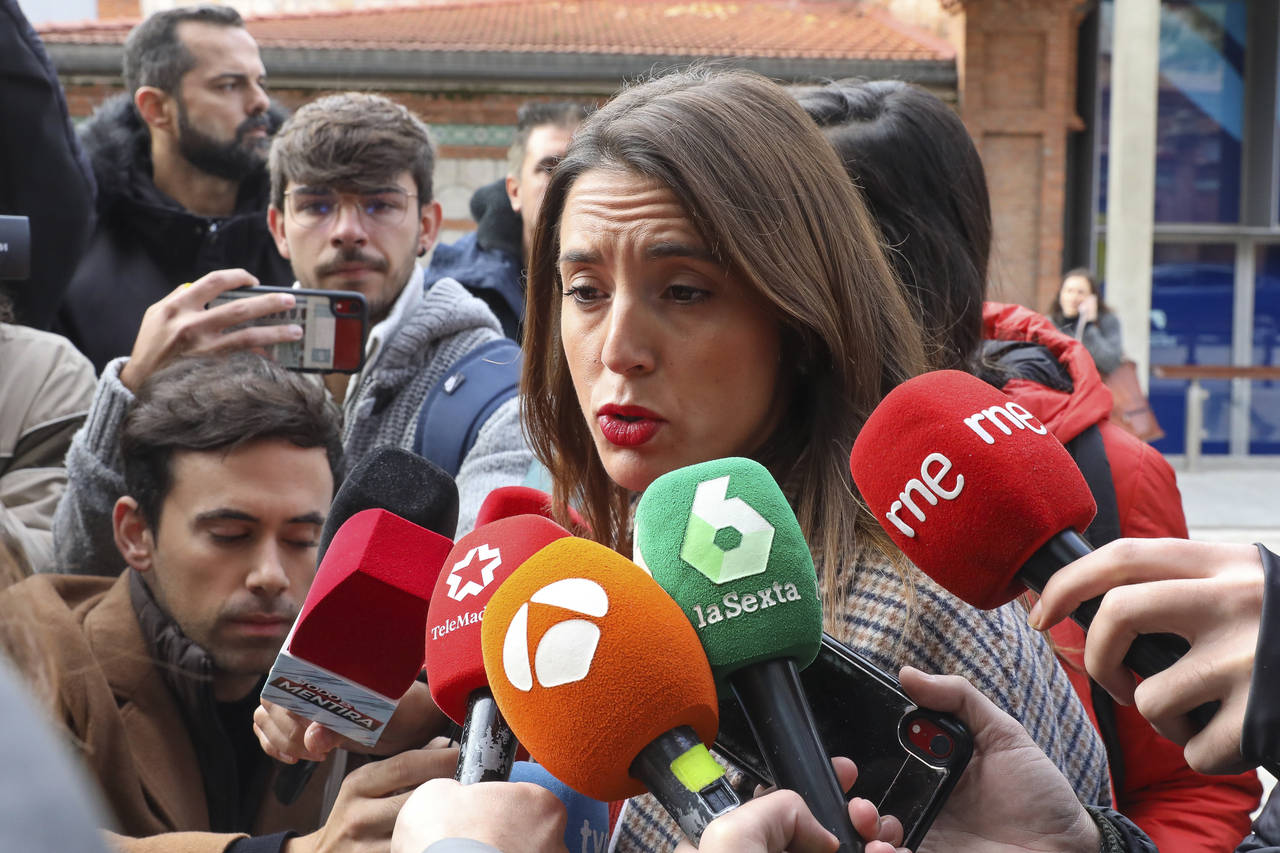Spain's Equality Minister Irene Montero speaks with journalists in Madrid, Spain, Wednesday Nov. 16...