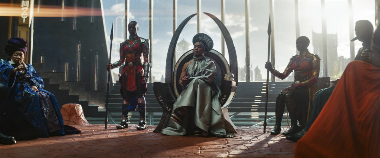 This image released by Marvel Studios shows, from left,  Dorothy Steel as Merchant Tribe Elder, Flo...