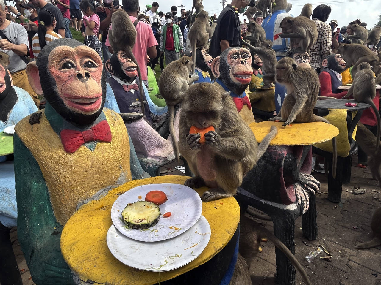 Monkeys enjoy fruit during monkey feast festival in Lopburi province, Thailand. Sunday, Nov. 27, 20...