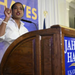 
              United States Rep. Jahana Hayes, D-Conn., speaks to supporters at her election night event in Waterbury, Conn., Tuesday, Nov. 8, 2022. Hayes is running for reelection in Connecticut's fifth congressional district against Republican House candidate George Logan. (AP Photo/Jessica Hill)
            