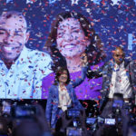 
              New York Gov. Kathy Hochul stands with Lt. Gov. Antonio Delgado during their election-night party Tuesday, Nov. 8, 2022, in New York. (AP Photo/Mary Altaffer)
            