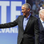 
              Former President Barack Obama and President Joe Biden arrive at a campaign rally for Pennsylvania's Democratic gubernatorial candidate Josh Shapiro and Democratic Senate candidate Lt. Gov. John Fetterman, Saturday, Nov. 5, 2022, in Philadelphia. (AP Photo/Patrick Semansky)
            