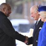 
              President of South Africa Cyril Ramaphosa shakes hands with Britain's King Charles III and Camilla, the Queen Consort during for a welcome ceremony at Horse Guards, in London, Tuesday, Nov. 22, 2022. This is the first state visit hosted by the UK with King Charles III as monarch, and the first state visit here by a South African leader since 2010. (Leon Neal/Pool Photo via AP)
            