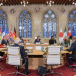 
              Clockwise from left, the Foreign Minister of France, Catherine Colonna, Secretary of State of the United States, Antony Blinken, the Foreign Minister of the Republic of Ghana, Alfred Mutua,  German Foreign Minister Annalena Baerbock, the Foreign Minister of the Republic of Ghana, Shirley Ayorkor Botchwey, Canadian Foreign Minister Melanie Joly, Japan's Foreign Minister Yoshimasa Hayashi, the Foreign Minister of Great Britain, James Cleverly, the Vice Chair of the African Union Commission, Monique Nsanzabaganwa and the EU Representative for Foreign Affairs, Josep Borrell, talk at the Historic Town Hall during the G7 Foreign Ministers Meeting in Muenster, Germany, Friday, Nov. 4, 2022. (Rolf Vennenbernd/DPA via AP, Pool)
            