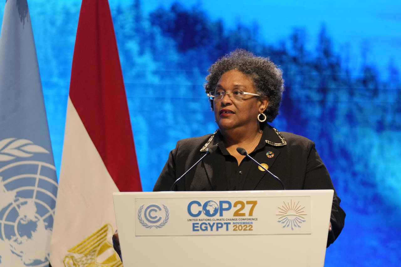 FILE - Mia Mottley, prime minister of Barbados, speaks at the COP27 U.N. Climate Summit, Nov. 8, 20...