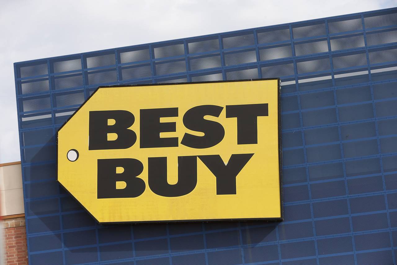 In this Aug. 27, 2019 photo, the Best Buy logo is shown on a store in Richfield, Minn. Best Buy pos...
