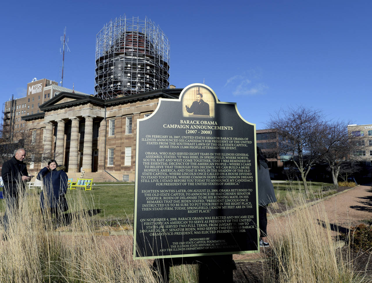 A historical marker for former President Barack Obama stands at the Old State Capitol Building on W...