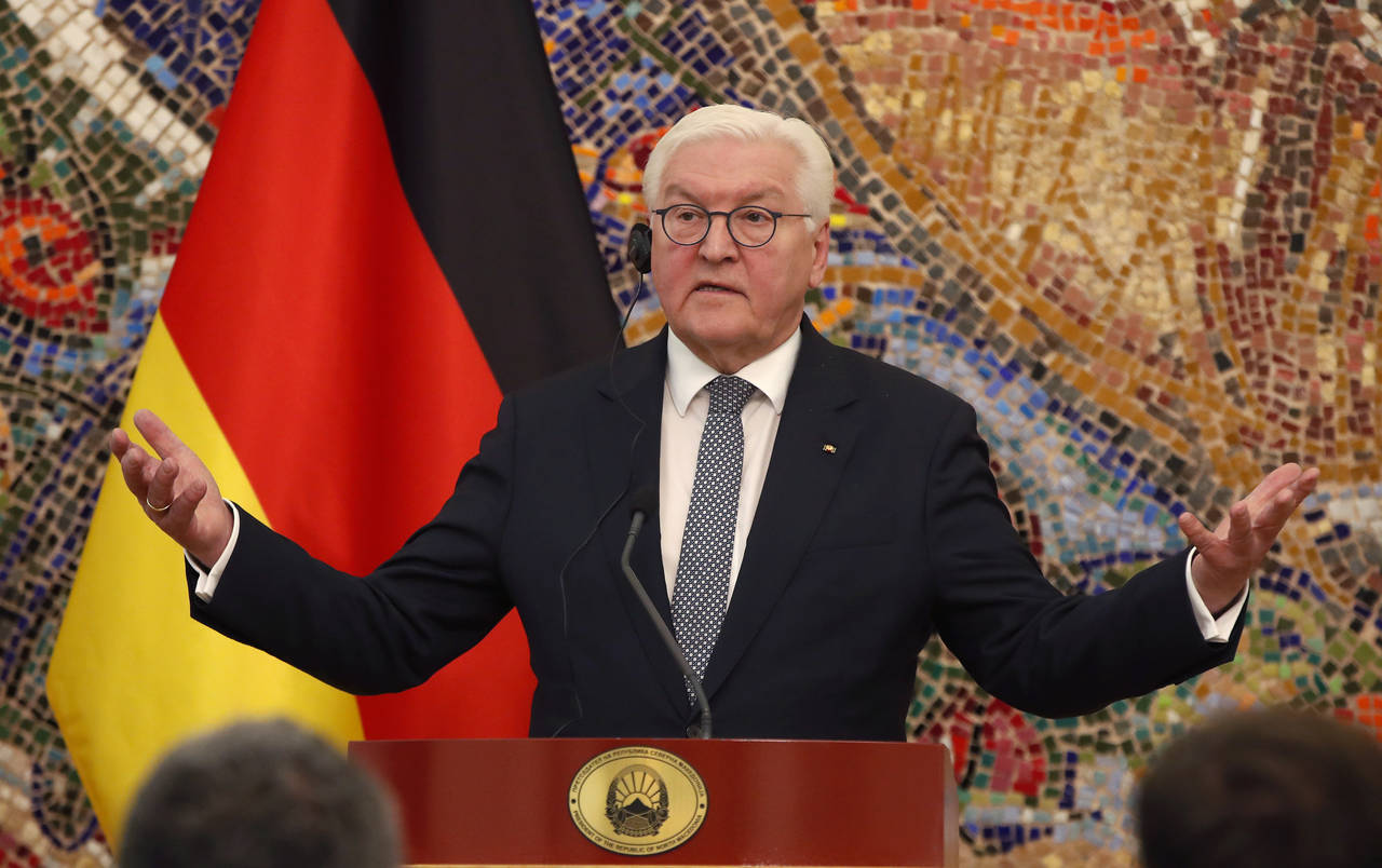 German President Frank-Walter Steinmeier speaks, during a joint news conference with North Macedoni...