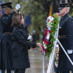 
              Vice President Kamala Harris lays a wreath at the Tomb of the Unknown Soldier during the National Veterans Day observance at Arlington National Cemetery, in Arlington, Va., Friday, Nov. 11, 2022. (AP Photo/Manuel Balce Ceneta)
            
