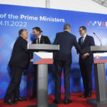 
              From left, Prime Ministers Viktor Orban of Hungary, Eduard Heger of Slovakia, Petr Fiala of the Czech Republic and Mateusz Morawiecki of Poland shake hands during a joint press conference after the summit of Visegrad Group (V4) prime ministers in Kosice, Slovakia, Thursday Nov. 24, 2022. (Frantisek Ivan/TASR via AP)
            
