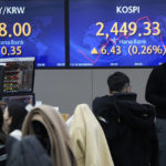 
              Currency traders work in front of a screen showing the Korea Composite Stock Price Index (KOSPI), right, at the foreign exchange dealing room of the KEB Hana Bank headquarters in Seoul, South Korea, Friday, Nov. 18, 2022. Asian stocks were mixed Friday after Wall Street declined following indications the Federal Reserve might raise interest rates higher than expected to cool inflation.(AP Photo/Ahn Young-joon)
            