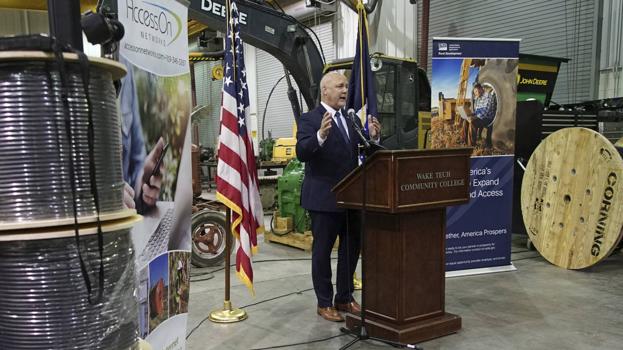 White House senior adviser Mitch Landrieu speaks in a repurposed railroad depot in Elm City, N.C., ...