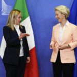 
              European Commission President Ursula von der Leyen, right, greets Italian Prime Minister Giorgia Meloni at EU headquarters in Brussels, Thursday, Nov. 3, 2022. New Italian Prime Minister Giorgia Meloni visits EU officials on Thursday, and it is no ordinary visit of the leader of a European Union founding nation to renew unshakable bonds with the 27-nation bloc. (AP Photo/Virginia Mayo)
            